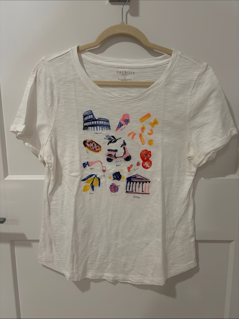 Talbots White Graphic Travel Icons Tee with Multicolor Design
